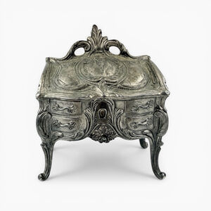 Vintage 1940s Rococo Revival Jewelry Casket, Ornate Footed Trinket Box, Silver